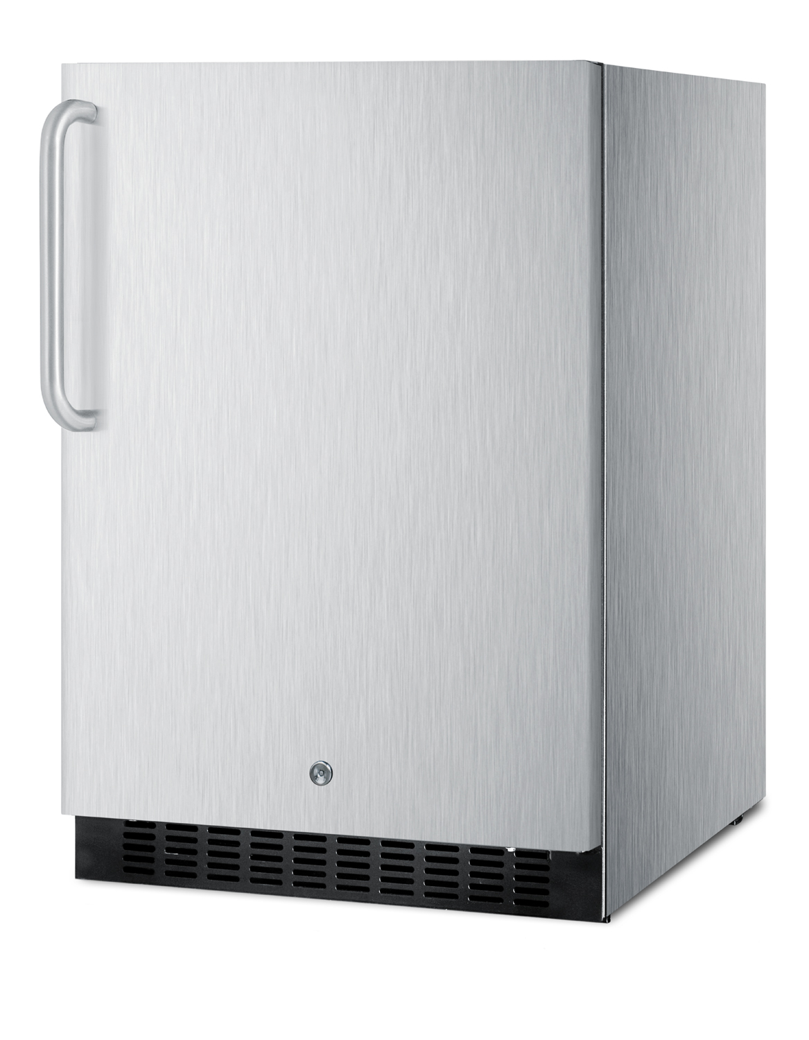 Outdoor all-refrigerator for built-in use, with lock, digital thermostat, towel bar handle, and stainless steel wrapped exterior
